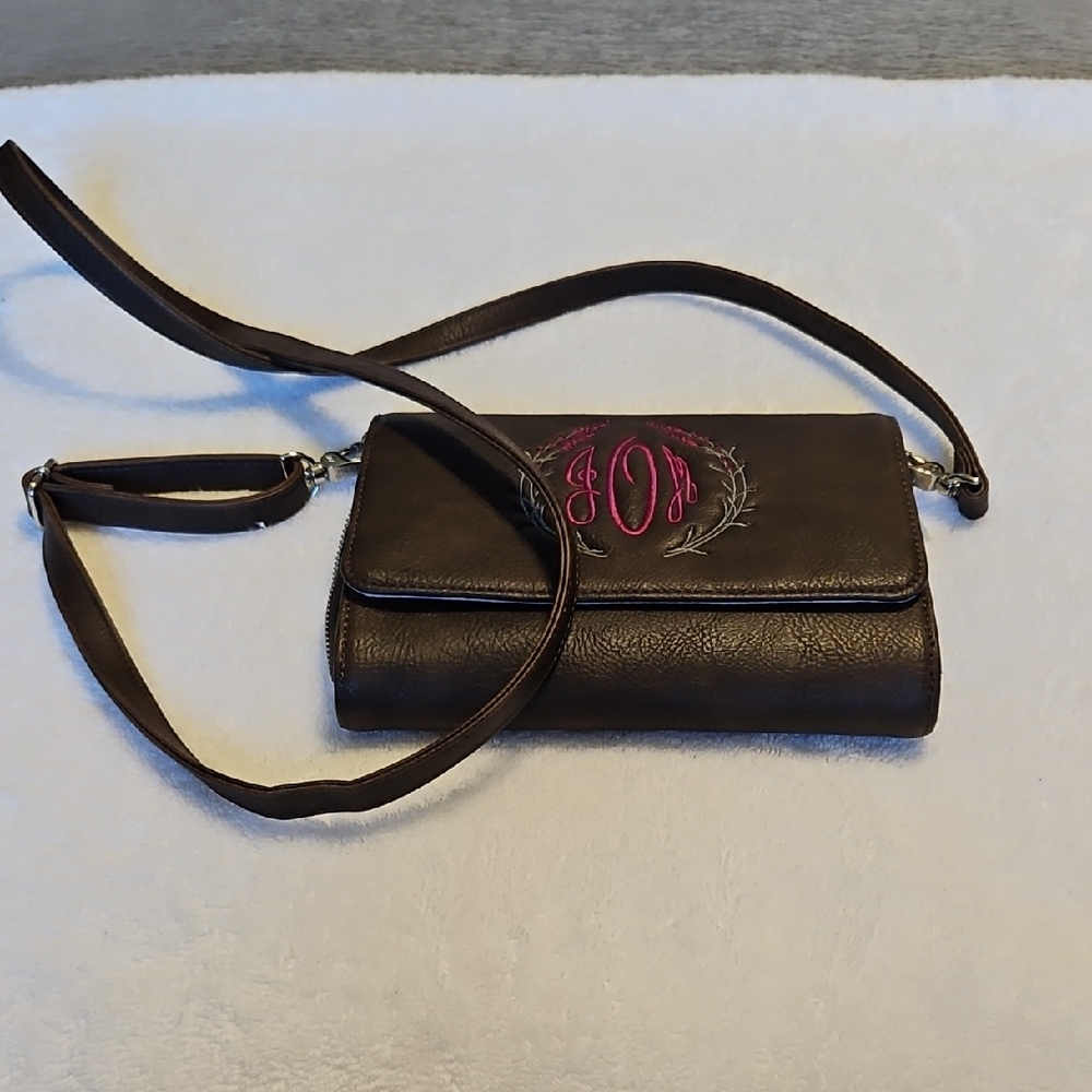 Thirty-One Chocolate Crossbody Bag with Fuchsia Monogram